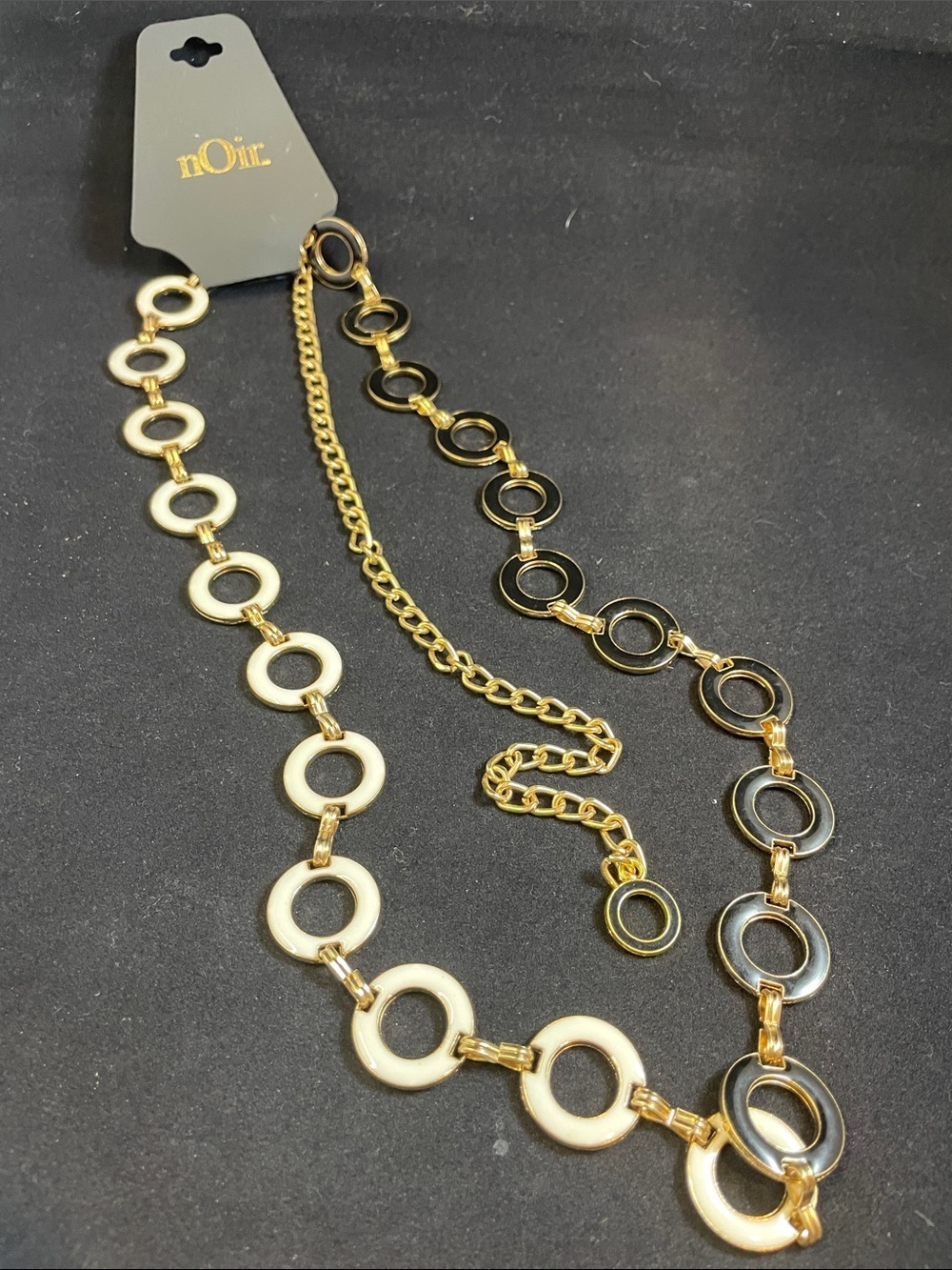 nOir Jewelry Gold Tone Reversible Belt with Black and Cream Enamel Rings